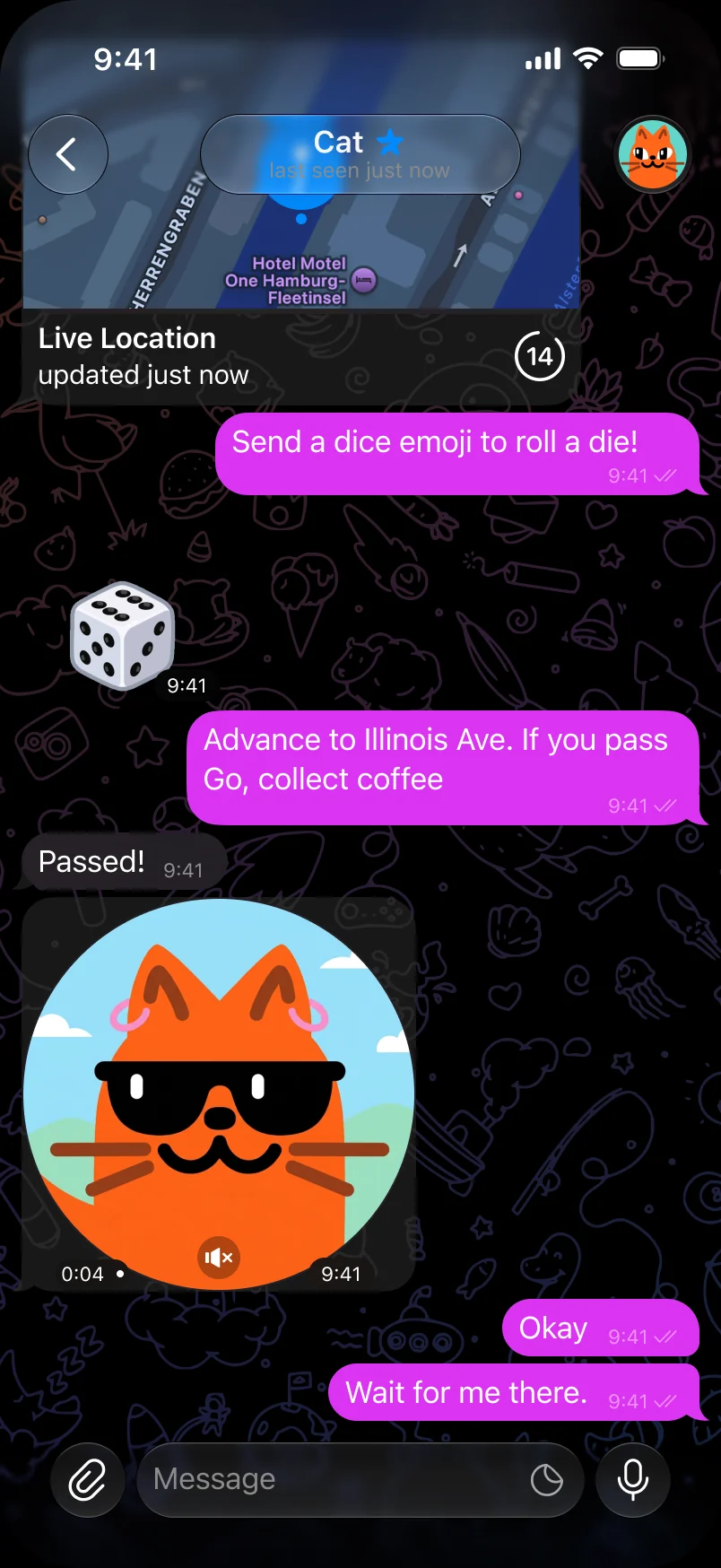 A Telegram chat, framed in an iPhone